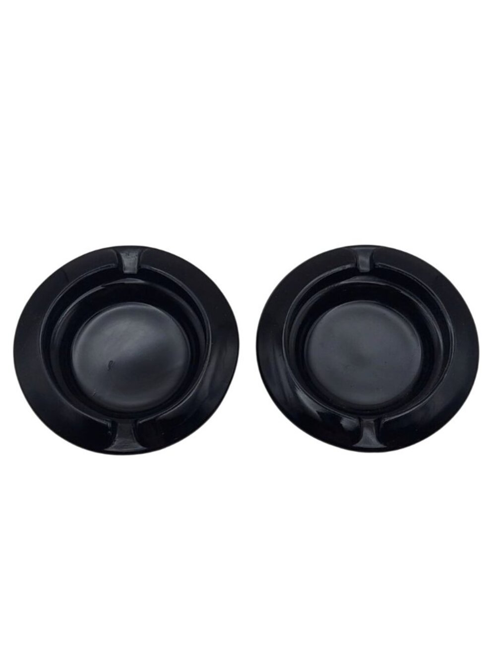 Vintage Round Black Glass Ashtrays Set Of 2 Two-Groove Cigarette Design MCM